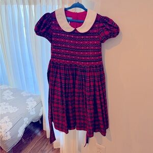 ANAVINI COUTURE RED PLAID CHRISTMAS DRESS, WHITE COLLAR, SIZE 8, SMOCKED BODICE